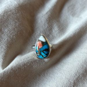 Handmade spiny Oyster & Arizona Turquoise, 925 Sterling Silver ring Size 7.5